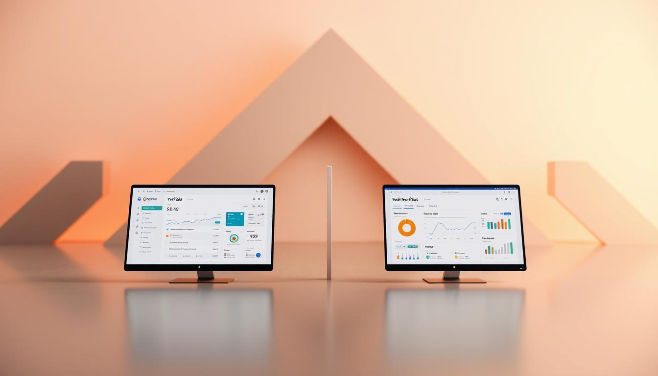A sleek, modern comparison platform showcasing SEO tools against a backdrop of minimalist geometric shapes and patterns. In the foreground, high-resolution product shots of GroupToolHub and Toolsurf.com software interfaces, meticulously detailed. The middle ground features dynamic data visualizations and performance metrics, conveying the analytical power of these platforms. The background is a softly blurred, gradient-rich environment, evoking a sense of technological sophistication. Warm, neutral lighting casts a subtle glow, creating depth and dimension. The overall composition is clean, balanced, and visually striking, reflecting the leading-edge capabilities of these SEO toolkits in 2025. Alt-text: SEO tool comparison platforms