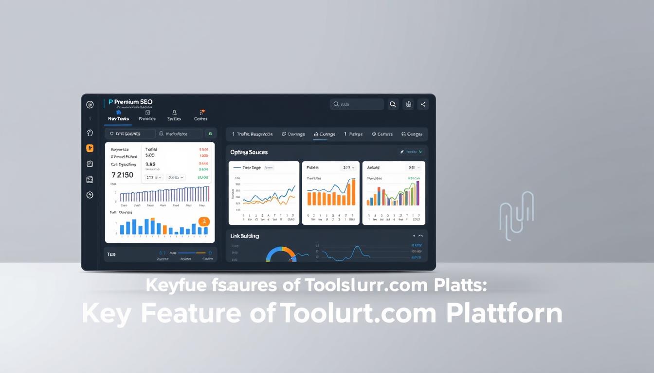 A sleek, modern dashboard for premium SEO tools, showcasing a clean, intuitive interface with various analytical widgets and visualizations. The foreground features a central panel displaying key performance metrics, traffic sources, and optimization suggestions. In the middle ground, neatly arranged sub-panels provide in-depth data on keyword research, on-page optimization, and link building. The background subtly accentuates the dashboard with a minimalist, high-contrast design, creating a professional and sophisticated atmosphere. Subtle lighting and camera angles highlight the dashboard's sophisticated aesthetics and user-friendly layout, perfectly suited for the "Key Features of Toolsurf.com Platform" section.