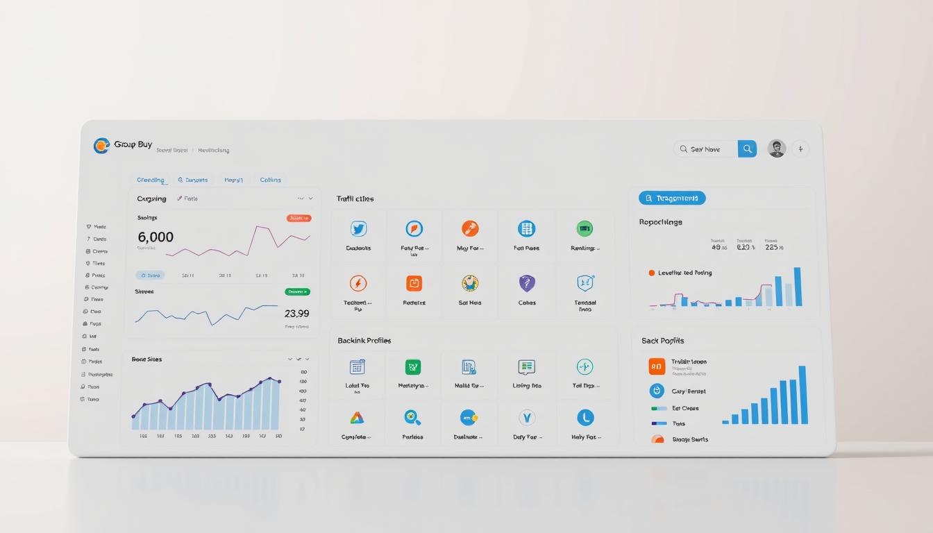 A sleek, modern dashboard showcasing a group buy platform for SEO tools. The foreground features a clean, minimalist interface with various widgets and charts displaying key metrics, including traffic sources, keyword rankings, and backlink profiles. The middle ground showcases a collection of popular SEO tools, each represented by an intuitive icon. In the background, a subtle grid pattern creates a sense of organization and structure, complemented by a warm, muted color palette that exudes professionalism and efficiency. Crisp lighting and a slight perspective angle enhance the depth and dynamism of the scene, inviting the viewer to explore the powerful capabilities of this comprehensive SEO toolset. group buy SEO tools dashboard