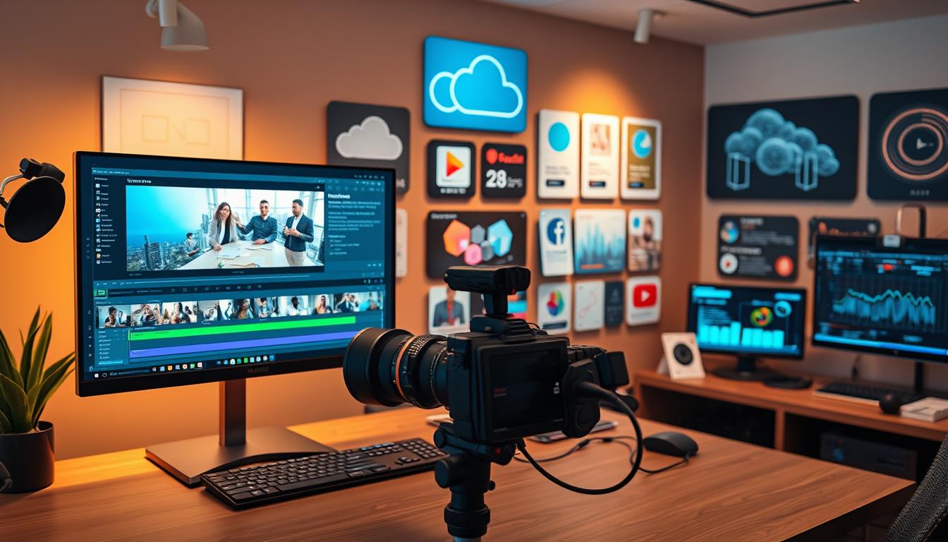 A sleek, modern digital workspace featuring an array of multimedia tools for content creation and online marketing. In the foreground, a high-resolution display showcases video editing software, with a professional-grade camera and microphone setup on a stylish desk. In the middle ground, various graphic design applications and social media management platforms are neatly arranged, while in the background, cloud storage and AI-powered analytics tools are visible, creating a cohesive, technology-driven environment. Warm, directional lighting illuminates the scene, conveying a sense of productivity and innovation.
