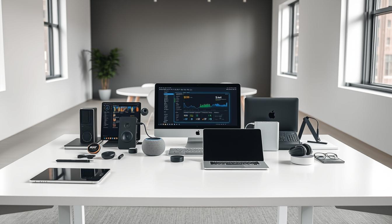 A sleek, modern office desk with a variety of high-quality SEO and digital marketing tools neatly organized on its surface. A laptop, a premium tablet, a smart speaker, and an array of specialized software and hardware accessories are prominently displayed, hinting at the comprehensive suite of premium tools available on Toolsurf.com. The desk is situated in a well-lit, minimalist workspace, with large windows letting in natural light and a clean, neutral color palette creating a professional, productive atmosphere. The overall scene conveys a sense of efficiency, innovation, and the seamless integration of advanced tools to enhance digital marketing capabilities.