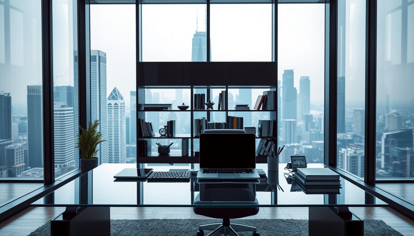 A sleek, modern office interior with a large window overlooking a bustling city skyline. In the foreground, a stylish glass-top desk is adorned with a laptop, a tablet, and various cloud-based SEO tools. The desk is illuminated by a combination of natural light streaming in through the window and soft, indirect lighting fixtures. In the middle ground, a comfortable leather chair and a minimalist bookshelf filled with reference materials create a professional yet inviting atmosphere. The background features a cityscape with towering skyscrapers and a hazy, blue-tinted sky, conveying a sense of technological innovation and digital connectivity. The overall scene exudes a clean, sophisticated aesthetic that reflects the power and accessibility of cloud-based SEO tools.