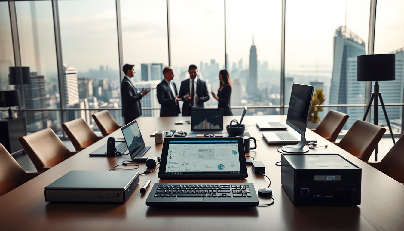 A sleek, modern office setting with a large desk in the foreground, adorned with premium SEO tools and devices. The lighting is soft and warm, creating a professional yet welcoming atmosphere. In the middle ground, a group of business people are engaged in a collaborative discussion, gesturing towards the tools on the desk. The background features a panoramic view of a bustling city skyline, symbolizing the global reach and impact of these strategic SEO solutions. The image conveys a sense of efficiency, innovation, and the synergy between technology and human expertise in the pursuit of digital marketing success.