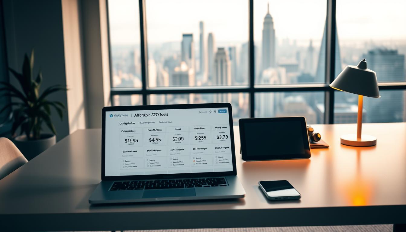 A sleek, modern office setting with a minimalist desk showcasing an array of affordable SEO tools. Soft, warm lighting illuminates the workspace, creating a professional yet inviting atmosphere. In the foreground, a laptop displays pricing options and subscription plans for the SEO tools, with clear and easy-to-understand information. The middle ground features various digital devices, such as a tablet and smartphone, highlighting the cross-platform compatibility of the tools. The background showcases a large window overlooking a bustling city skyline, conveying a sense of productivity and connectivity. The overall scene exudes a sense of efficiency, accessibility, and value, aligning with the "Affordable Pricing and Flexible Subscription Models" section of the article.