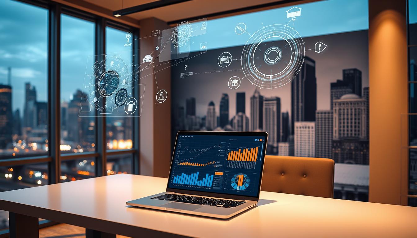 A sleek, modern office workspace with large windows overlooking a bustling cityscape. On the desk, a laptop displays intricate AI visualizations and SEO analytics dashboards. Floating above are holographic interfaces showcasing the seamless integration of cutting-edge SEO and AI tools, their dynamic data visualizations casting a soft, ambient glow. The room is bathed in warm, directional lighting, creating a sense of focus and productivity. In the background, a large, stylized wall mural depicts the interplay of technology, data, and business growth. The overall scene conveys a vision of the future where advanced digital tools empower agile, data-driven marketing strategies.