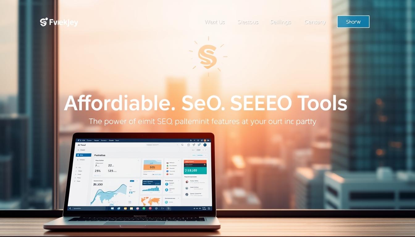 A sleek, modern web platform showcasing a suite of premium SEO tools, with a clean and minimalist interface. In the foreground, a laptop display presents an intuitive dashboard, highlighting various optimization features. In the middle ground, a stylized representation of the platform's logo hovers, conveying a sense of sophistication. The background features a softly blurred cityscape, suggesting the tool's accessibility and global reach. Warm, natural lighting casts a subtle glow, creating a welcoming and professional atmosphere. The overall composition evokes a sense of efficiency, affordability, and the power of advanced SEO capabilities at one's fingertips. Affordable Premium SEO Tools Platform