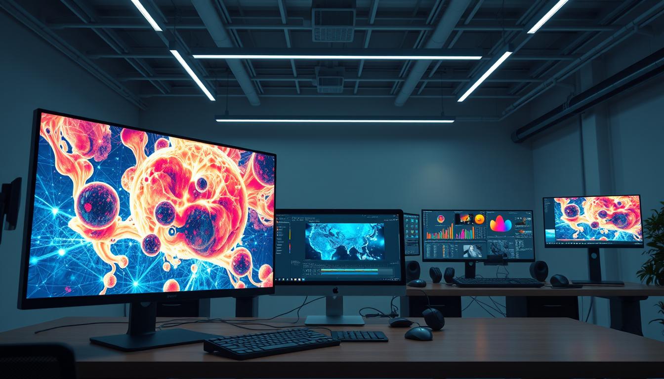 A sleek, modern workspace filled with cutting-edge AI art and video tools. In the foreground, a high-resolution display showcases vibrant, otherworldly digital artwork, the result of advanced neural networks. In the middle ground, a powerful desktop computer and a suite of specialized software applications for video editing, 3D modeling, and audio production. The background features a minimalist, industrial-inspired setting with clean lines, subtle lighting, and a sense of technological innovation. The scene exudes a sense of creativity, exploration, and the boundless potential of AI-powered creative tools.