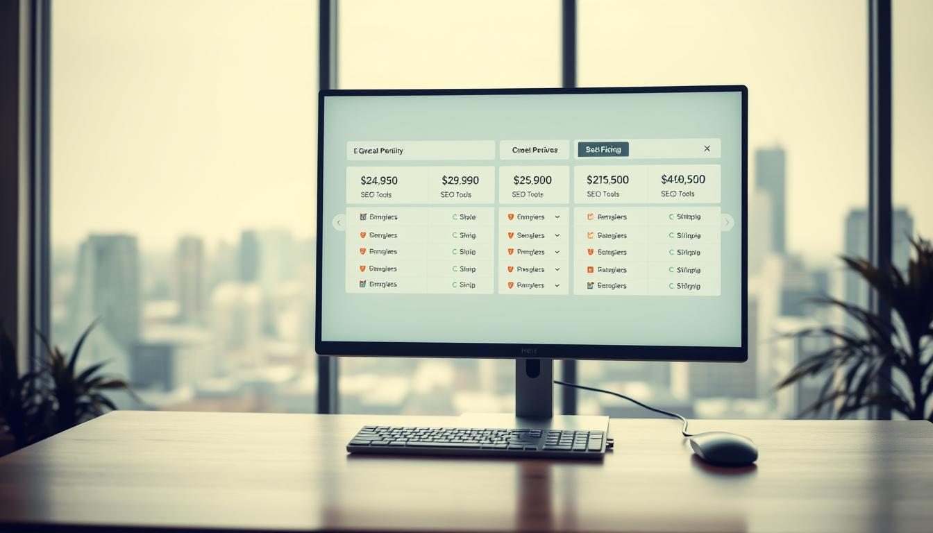A sleek, modern workspace with a large, high-resolution monitor displaying pricing information for various SEO tools. The monitor is situated on a minimalist, wooden desk, with a keyboard and mouse neatly arranged. The lighting is soft and diffused, creating a warm, inviting atmosphere. In the background, a blurred cityscape can be seen through a large window, hinting at the productivity and efficiency of the SEO tools on display. The overall scene conveys a sense of affordability, accessibility, and the ability to easily manage and optimize one's online presence.