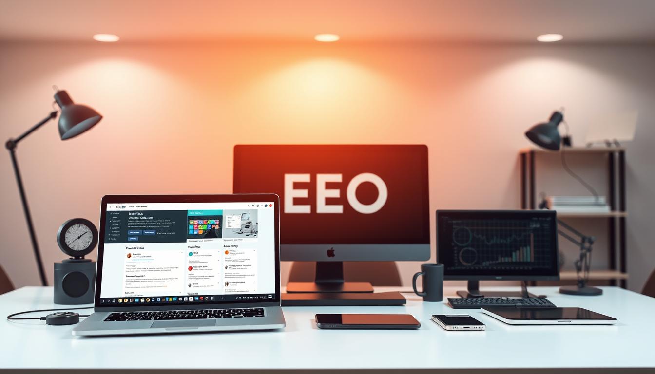 A sleek, well-designed workspace showcasing an array of cutting-edge SEO tools. In the foreground, a laptop displays a side-by-side comparison of popular software, its screen illuminated by warm, diffused lighting. Strategically placed around the desk are various devices and accessories, including a high-resolution monitor, a tablet, and a smartphone, all arranged to create a cohesive, visually appealing composition. The background features a minimalist, modern office setting with clean lines and neutral tones, allowing the SEO tools to take center stage. The overall atmosphere conveys a sense of productivity, efficiency, and technological sophistication.