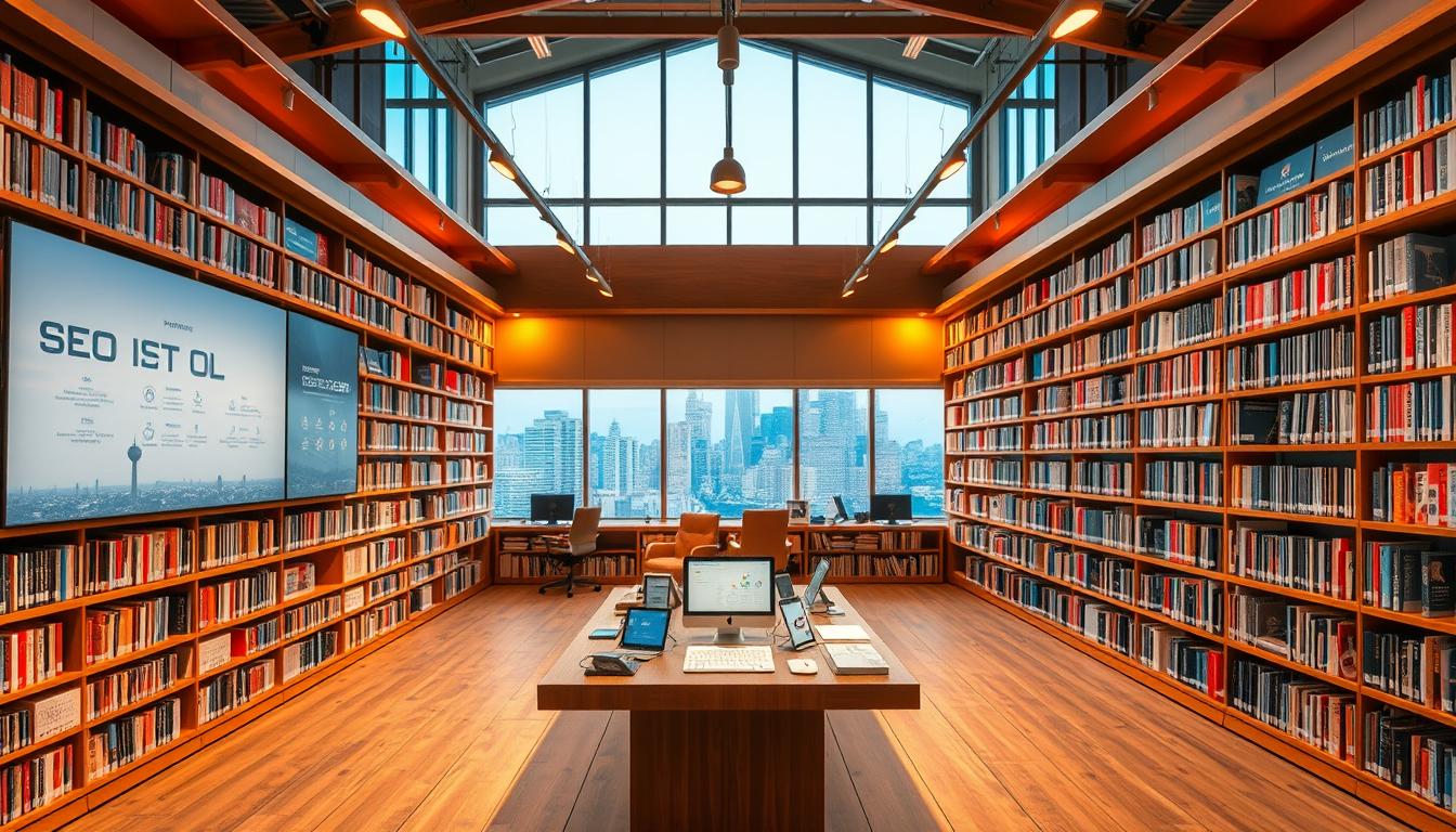 A spacious library interior with floor-to-ceiling shelves housing an extensive collection of premium SEO tools and AI solutions. Warm, ambient lighting casts a cozy glow, inviting users to explore the diverse array of cutting-edge software and applications. In the foreground, a central display table showcases the latest products, their sleek designs and intuitive interfaces. The middle ground features rows of orderly shelves, meticulously organized by category, while the background reveals large windows overlooking a bustling city skyline. An atmosphere of professionalism and innovation pervades the space, reflecting the high-quality, premium nature of the SEO tools library. alt-text: Premium SEO tools library