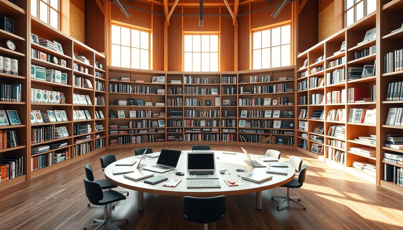 A spacious, well-organized library of SEO tools, bathed in warm, natural lighting that filters through tall windows. Sleek, modern shelves line the walls, meticulously arranged with a variety of software packages, analytics dashboards, and keyword research utilities. In the center, a large, circular table hosts a collection of laptops and tablets, inviting users to explore and experiment with the extensive suite of digital marketing solutions. The atmosphere is one of focus and productivity, reflecting the comprehensive nature of this specialized tool library.