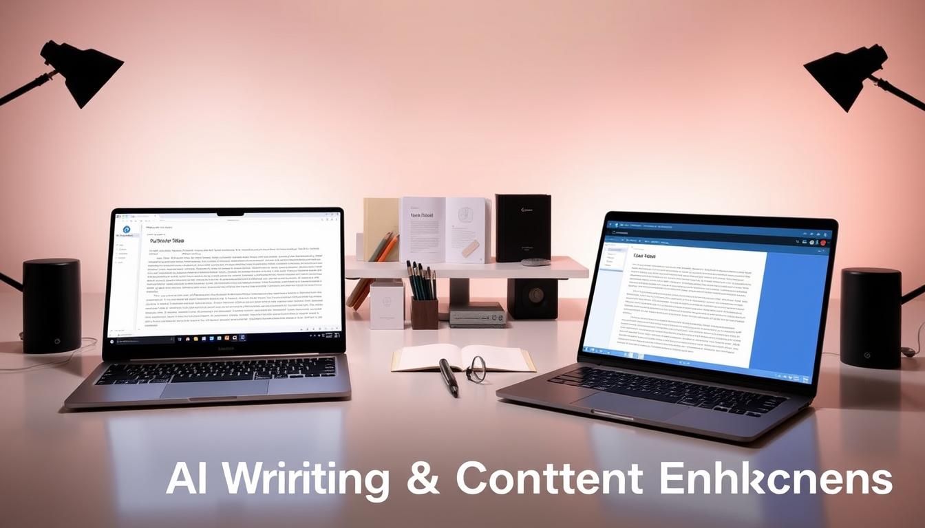 A stylish, minimalist comparison of leading AI writing tools, showcased in a sleek studio setup. In the foreground, an array of high-end notebooks and laptops, each displaying a different AI-powered writing interface. Soft, directional lighting accentuates the clean lines and modern aesthetics. In the middle ground, a selection of writing implements and a stylized desktop organizer, hinting at the seamless integration of these AI tools into the creative workflow. The background features a subtle, gradient-based backdrop, providing a sense of depth and sophistication. The overall scene conveys a professional, technology-driven atmosphere, ideal for illustrating the "AI Writing & Content Enhancements" section of the article.