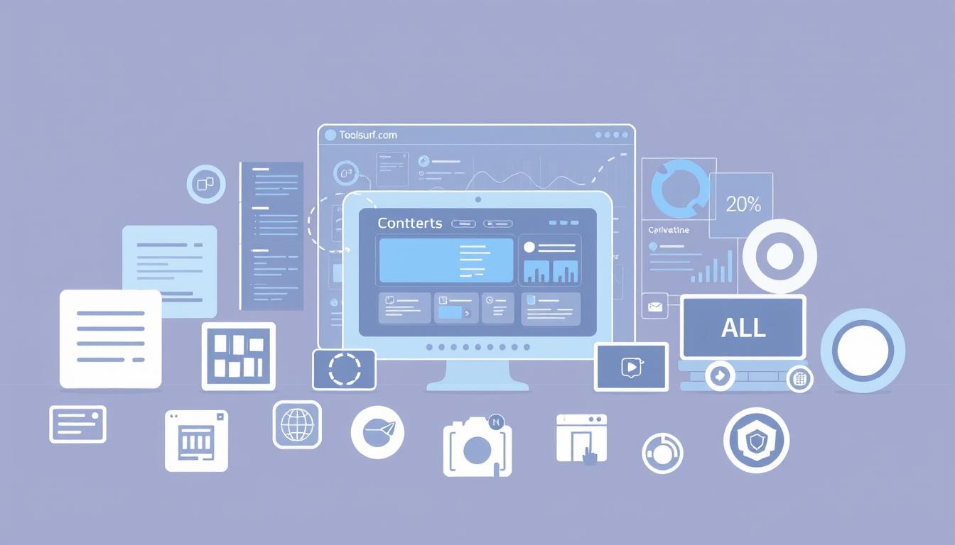 A stylized digital illustration depicting a variety of AI-powered content creation tools and platforms. In the foreground, an array of sleek, minimalist icons representing features like text generation, image editing, video production, and social media management. In the middle ground, a futuristic interface with intuitive controls and real-time previews. The background features a sophisticated, data-driven analytics dashboard, showcasing performance metrics and optimization insights. The overall aesthetic is clean, modern, and technologically advanced, conveying the power and versatility of the Toolsurf.com platform.
