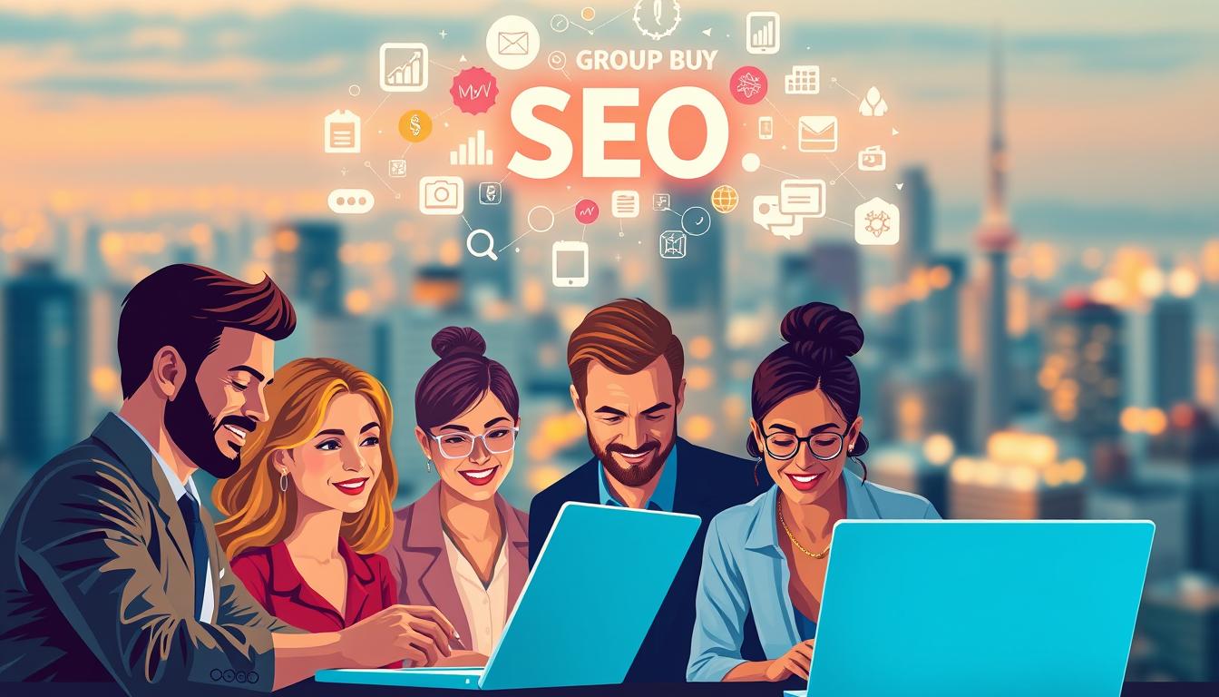 A vibrant, colorful illustration showcasing the key benefits of Group Buy SEO services. In the foreground, a diverse group of professionals collaborating, their faces lit by the glow of a laptop screen displaying search engine optimization metrics. In the middle ground, an array of SEO-related icons and symbols hover above, representing the enhanced visibility, higher rankings, and improved website traffic that Group Buy SEO can deliver. The background is a soft, blurred cityscape, hinting at the global reach and digital transformation these services can provide. Crisp, realistic lighting and a sense of energy and dynamism pervade the scene, capturing the advantages of leveraging collective buying power for SEO success. group buy seo benefits