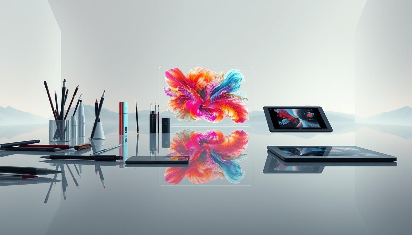 A visually stunning digital art studio, with an array of AI-powered art tools and applications levitating in a sleek, minimalist environment. The foreground features various creative implements such as digital brushes, stylus pens, and tablets, all casting captivating reflections on a smooth, glossy surface. In the middle ground, a holographic display showcases vibrant, abstract digital artworks, hinting at the limitless creative potential of these AI-driven tools. The background immerses the viewer in a serene, futuristic landscape, with soft, diffused lighting and a subtle color palette that enhances the high-tech ambiance. The overall scene conveys a sense of innovation, technology, and the seamless integration of AI into the digital art workflow.
