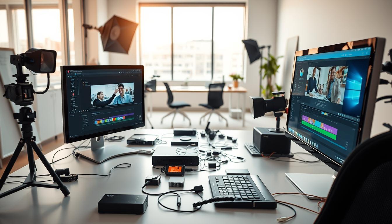 A well-lit office scene showcasing an array of video generation software tools. In the foreground, a sleek desktop computer displays a video editing interface, its screen casting a soft glow. Nearby, a high-end camera and professional lighting equipment hint at the sophisticated video production capabilities. In the middle ground, a tidy workspace features an assortment of devices, cables, and peripherals, all neatly organized. The background depicts a modern, minimalist office environment with large windows allowing natural light to flood the space, creating a warm and productive atmosphere. The overall scene conveys the advanced video generation tools and capabilities available to professional users.