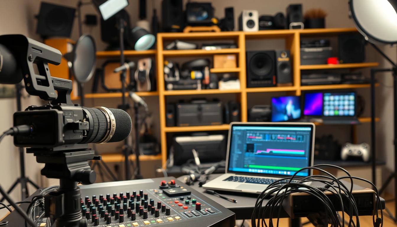 A well-lit studio setting showcasing an array of video and audio creation tools. In the foreground, a professional-grade camera, a high-quality microphone, and a tactile audio mixing console with various knobs and sliders. In the middle ground, a sleek laptop with video editing software open, surrounded by a variety of cables and connectors. The background features shelves filled with various accessories, from lighting equipment to sound panels, creating a dynamic and visually engaging workspace for content creation. The overall atmosphere exudes a sense of productivity and creativity, perfect for the "Evaluating Additional Tools: Video, Audio, and Learning Platforms" section of the article. video and audio creation tools