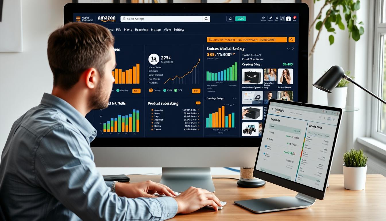 Amazon seller using Helium10 group buy tools to optimize product listings and research keywords