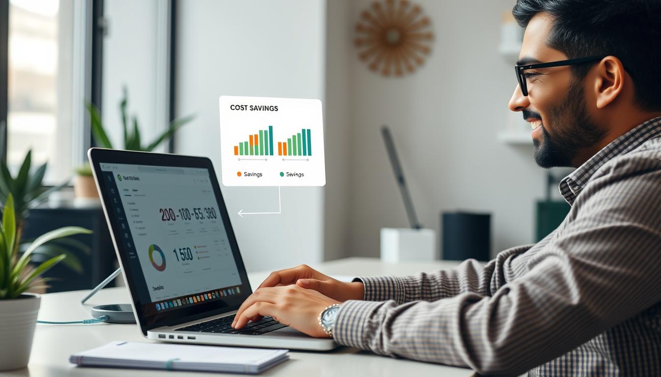 Digital marketer using group buy SEO tools on laptop with Indian rupee symbols showing cost savings