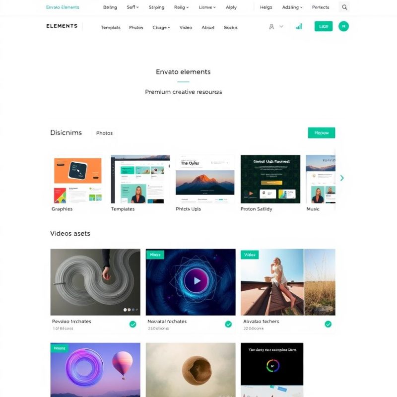 Envato Elements marketplace showing various creative assets categories Envato Elements marketplace showing various creative assets categories