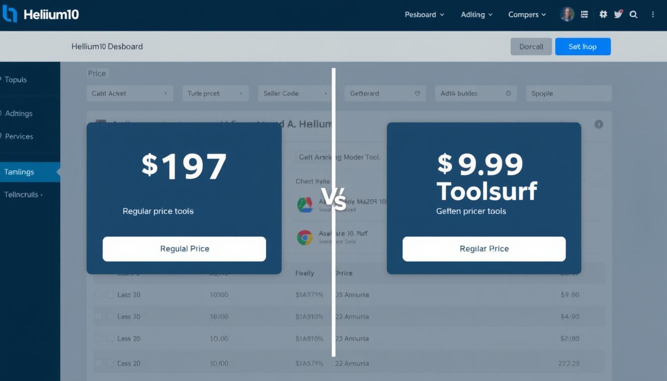 Helium10 group buy dashboard showing cost comparison between regular price and Toolsurf's discounted price