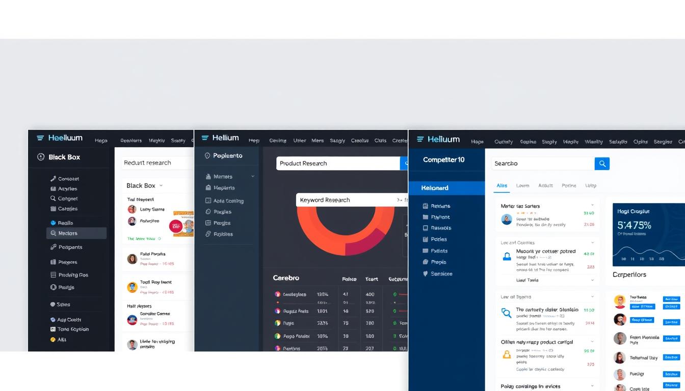 Helium10 group buy tools suite showing Black Box, Magnet, and Cerebro interfaces