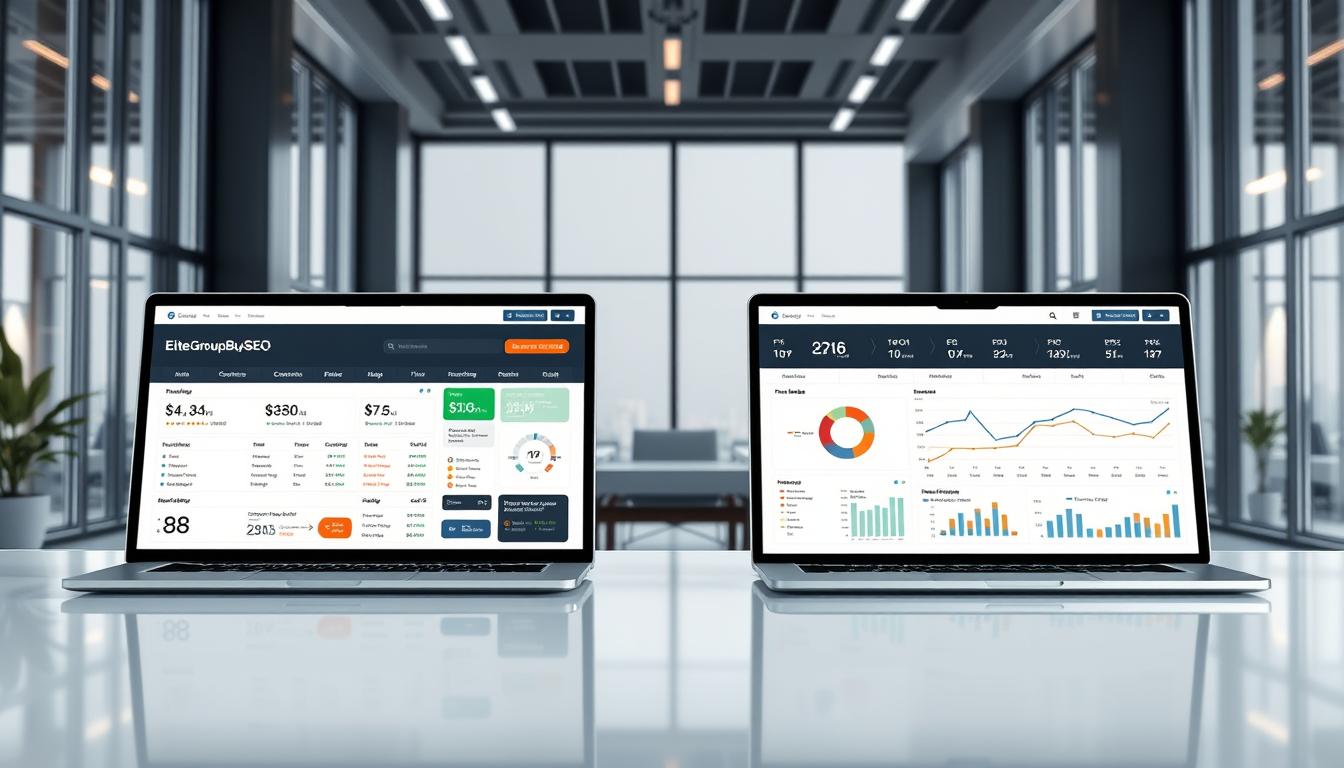 Highly detailed and photorealistic comparison of SEO tools on a sleek, modern UI. Foreground showcases the EliteGroupBuySEO and Toolsurf.com platforms side-by-side, highlighting their key features, pricing, and user ratings. The middle ground presents data visualizations, charts, and graphs comparing their performance metrics. The background depicts a sophisticated office setting with tall windows, minimalist decor, and subtle lighting to convey a professional, authoritative atmosphere. The overall tone is one of objective analysis and insightful evaluation to aid decision-making. Alt-text: "group buy SEO tools comparison"