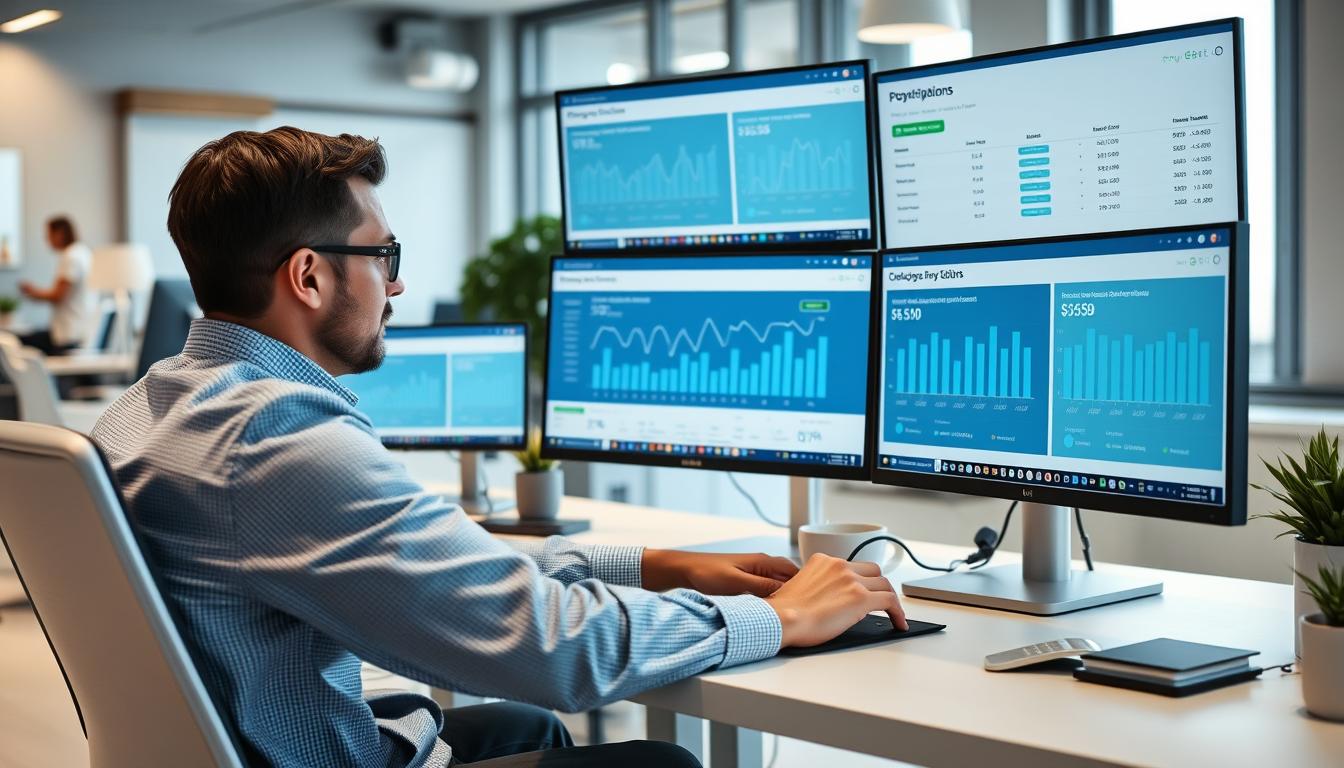Person analyzing SEO data on multiple screens showing cost savings