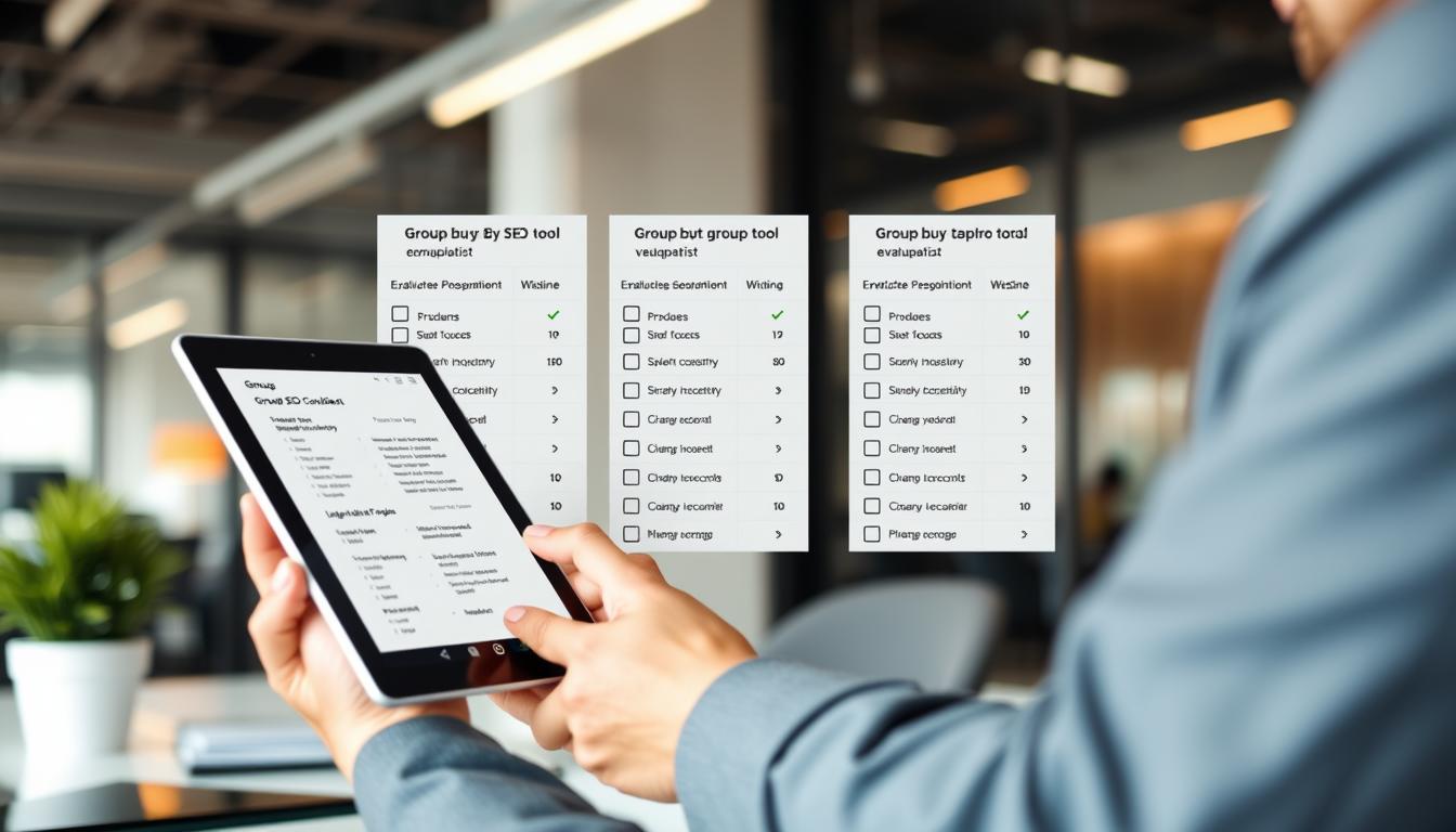Person using checklist to evaluate group buy SEO tool providers