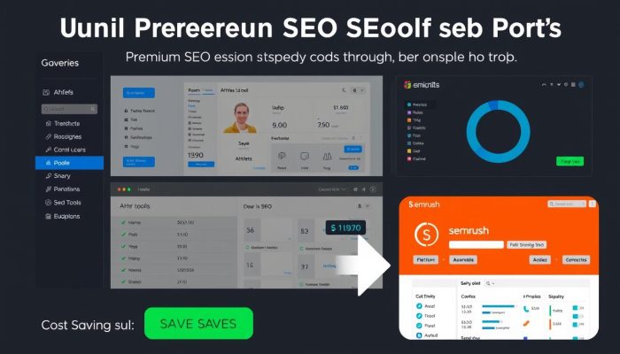 Premium SEO tools dashboard showing Ahrefs and Semrush interfaces through group buy access