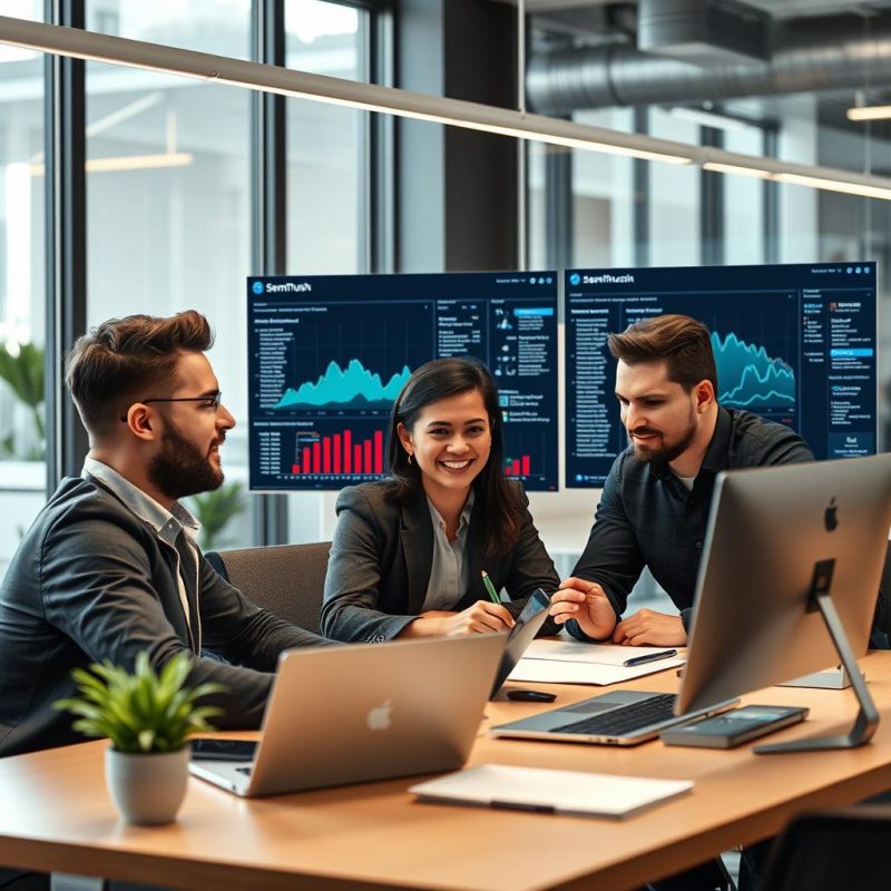 Startup team using Semrush group buy tools for growth marketing