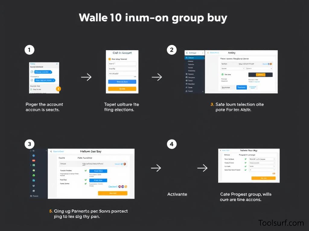Step-by-step guide showing the Helium10 group buy purchase process on Toolsurf