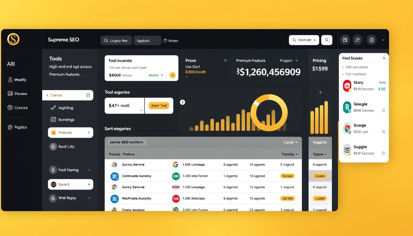 Supreme SEO dashboard showing premium tool interface with high-end features