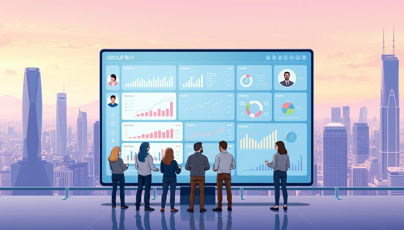 a detailed digital illustration of a cloud-based group-buy platform. a sleek, modern user interface with clean lines and minimalist design. the foreground features a group of people collaborating on a large, interactive touchscreen display, each person's avatar represented by a stylized icon. the middle ground showcases various data visualizations and analytics dashboards, highlighting the platform's real-time insights and reporting capabilities. the background depicts a vibrant, futuristic cityscape with towering skyscrapers and a serene, hazy sky. the overall atmosphere conveys a sense of innovation, efficiency, and seamless, cloud-based collaboration. cloud-based group-buy platform