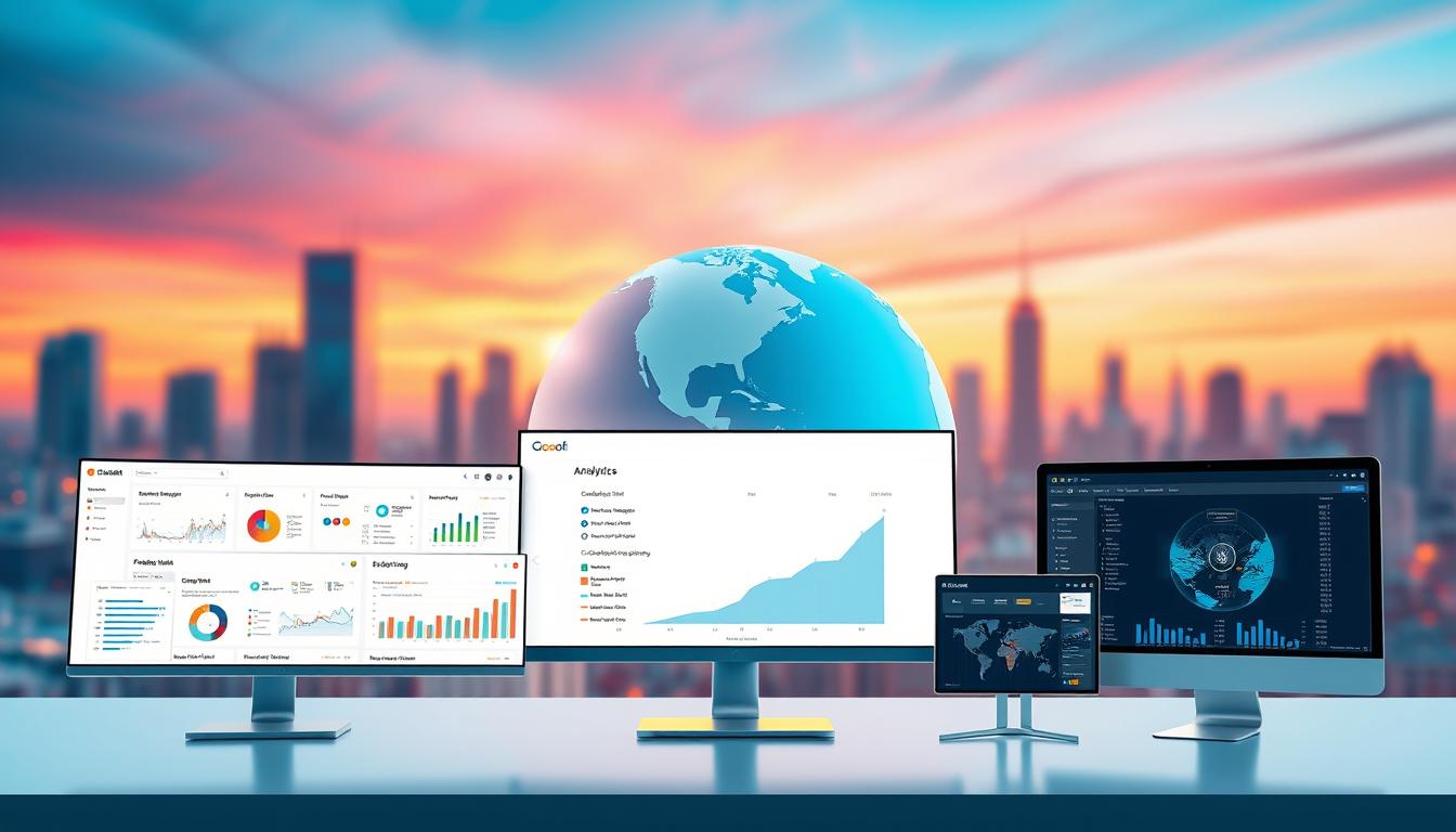 a detailed, realistic digital illustration of a cloud-based SEO tools platform. a sleek, modern interface with various SEO analytics dashboards, optimization tools, and reporting modules displayed on multiple monitors and devices. the foreground features a minimalist user dashboard with customizable widgets, search engine rank tracking, and content performance insights. the middle ground showcases a large 3D globe rotating slowly, representing the global reach and scale of the platform. the background depicts a blurred cityscape with skyscrapers and a vibrant, twilight sky, conveying the enterprise-level capabilities of the cloud-based software. the scene is lit by warm, directional lighting, creating depth and a professional, high-tech atmosphere.