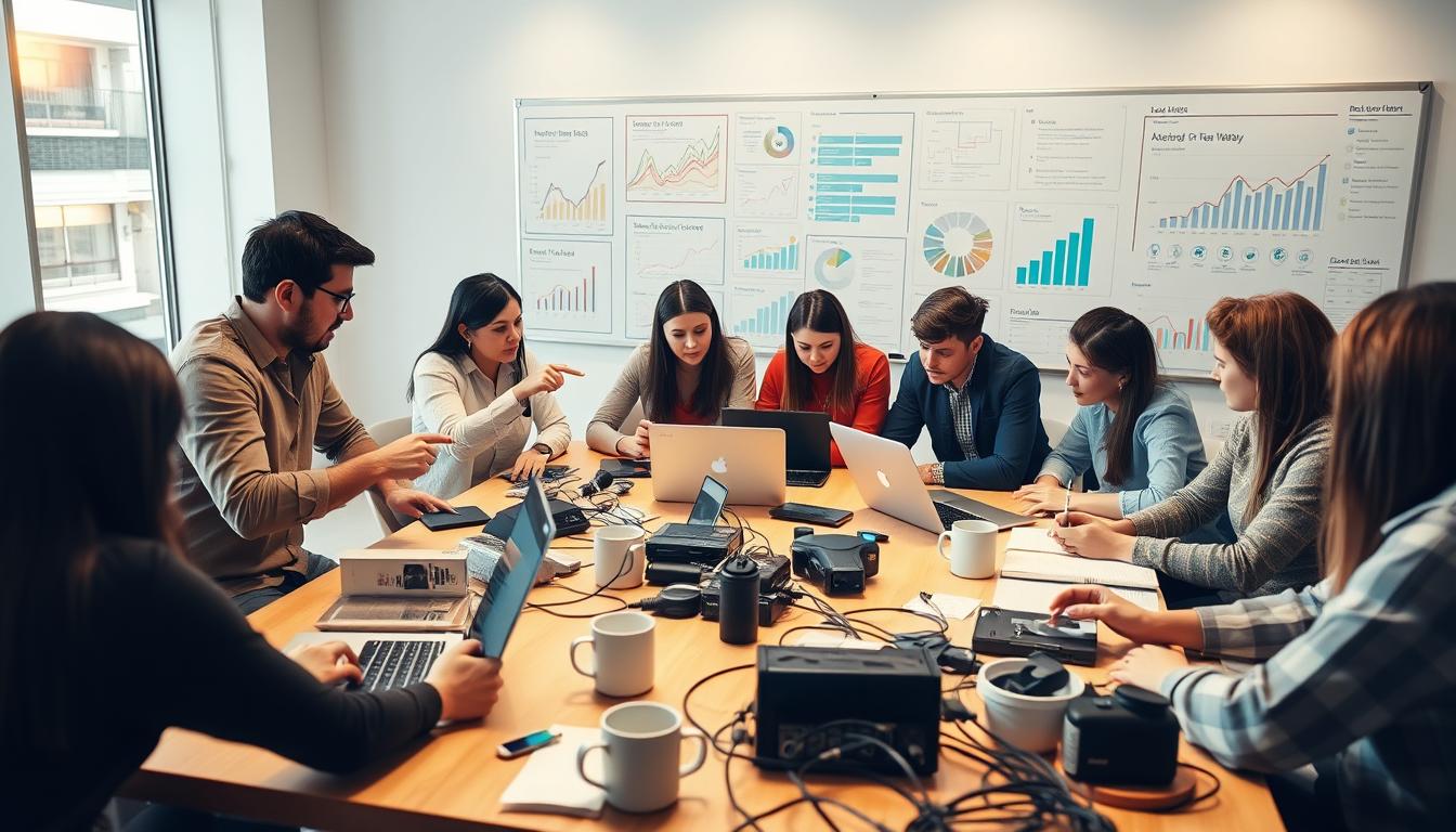 a group of people enthusiastically gathered around a large table, examining and discussing a variety of SEO tools and software. The scene is well-lit, with a warm, inviting atmosphere. In the foreground, several individuals are engaged in lively conversation, pointing at their laptop screens and taking notes. The middle ground features an array of digital devices, cables, and coffee mugs, creating a sense of a collaborative workspace. In the background, a large whiteboard displays charts, graphs, and analytical data, hinting at the data-driven nature of their discussions. The overall mood is one of shared expertise, problem-solving, and the collective pursuit of online visibility and success. "group buy SEO tools benefits"