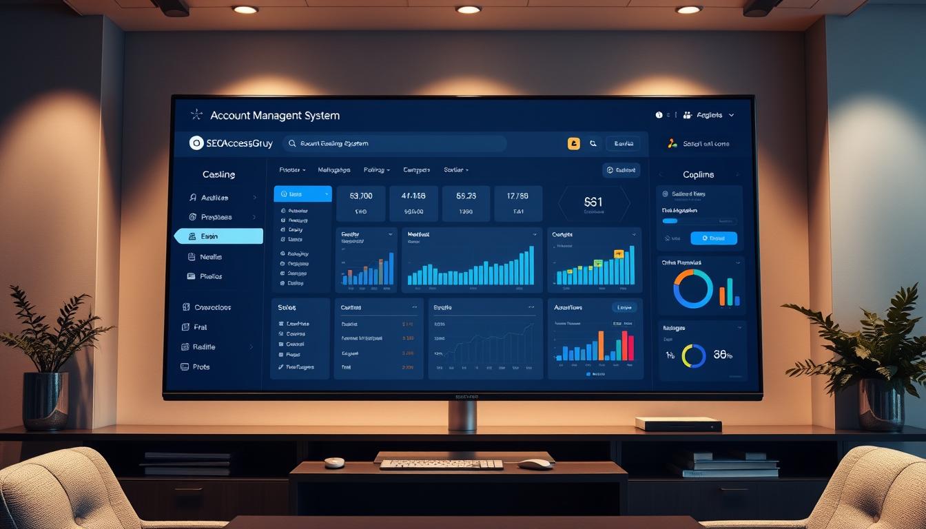 a sophisticated and visually appealing account management system interface displayed on a large, high-resolution monitor, showcasing a clean and modern design with intuitive navigation menus, detailed financial data visualizations, and secure login and access controls. The scene is illuminated by soft, directional lighting that creates a professional and trustworthy atmosphere, with the monitor positioned in a well-appointed office setting with subtle decorative elements that complement the overall aesthetic. The interface should convey a sense of efficiency, organization, and data-driven decision-making, reflecting the comprehensive capabilities of the SEOAccessGroupBuy platform.