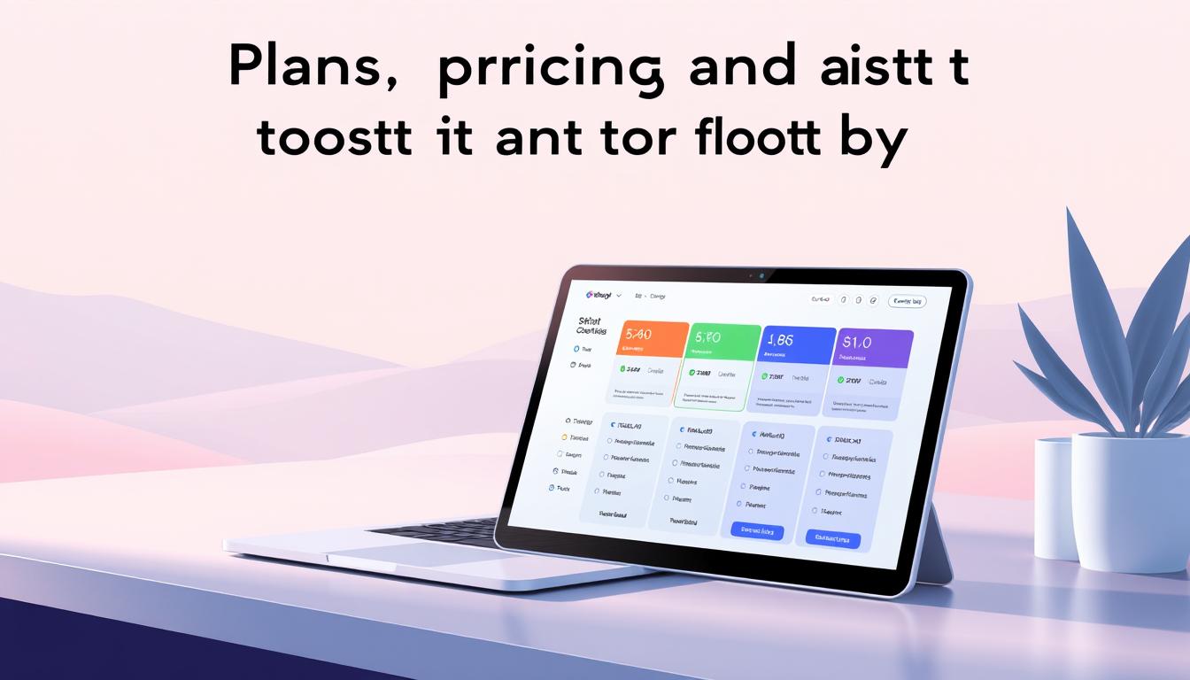 A beautifully rendered digital illustration depicting the "Plans, pricing, and how to start on Toolsurf" section of the WordAI Group Buy article. The scene features a stylish, minimalist workspace with a sleek laptop and a tablet displaying various subscription plans and pricing options. The foreground showcases a colorful, interactive dashboard that allows users to compare features and select the best plan for their needs. The background is a serene, pastel-tinted landscape with subtle geometric patterns, conveying a sense of professionalism and sophistication. The lighting is soft and diffused, creating a warm, inviting atmosphere. The overall composition is clean, well-balanced, and visually appealing, capturing the essence of the subject matter. Alt-text: plans pricing toolsurf group buy