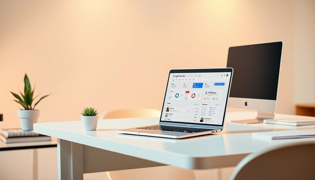 A bright, modern office workspace with a prominent desk featuring a laptop displaying the Google Search Console dashboard. The desk is surrounded by clean, minimalist decor - a potted plant, a few hardcover books, and a sleek monitor. Warm, directional lighting illuminates the scene, creating a productive and professional atmosphere. The laptop's screen shows the Google Search Console interface, showcasing its intuitive layout and analytical tools. The overall composition emphasizes the simplicity and utility of this free SEO tool, inviting the viewer to explore its capabilities.