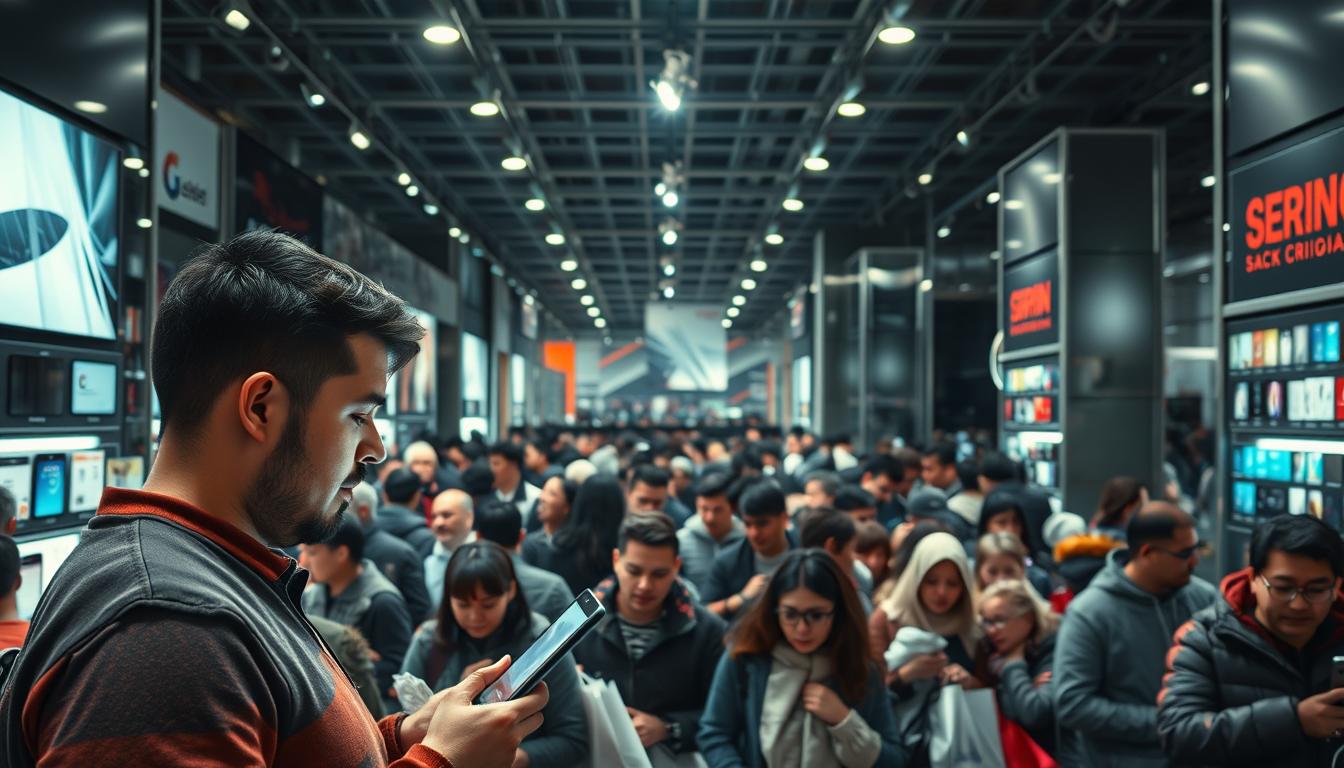 A bustling Black Friday scene unfolds, with eager shoppers swarming a modern electronics store. Bright spotlights illuminate towering displays of the latest gadgets, casting dramatic shadows across the crowded aisles. In the foreground, a shopper examines a sleek, high-tech device, their face aglow with the screen's luminous reflection. The middle ground teems with a diverse array of consumers, some haggling over prices, others clutching overflowing shopping bags. Towering shelves and gleaming metal fixtures recede into the background, creating a sense of depth and scale. The atmosphere is one of frenetic energy, a snapshot of the annual retail frenzy known as Black Friday. Black friday snapshot