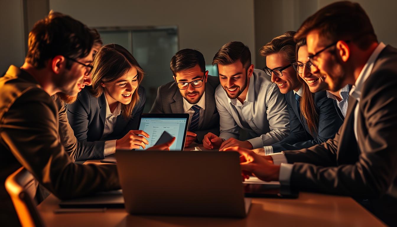 A bustling group of business professionals gathered around a table, intensely focused on various SEO tools displayed on their laptops. Warm, directional lighting casts dynamic shadows, adding depth and drama to the scene. The participants lean in, deep in discussion, their expressions a mix of concentration and enthusiasm. The background is softly blurred, drawing the viewer's attention to the central group. Meticulously crafted, this image conveys the collaborative nature of group buy SEO tools, capturing the essence of the "Common problems with group buy services you should expect" section.