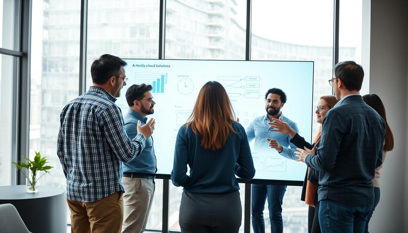 A bustling group of people collaborating on cloud-based software solutions, gathered around a large touchscreen display in a modern, well-lit office space. Diffused natural light filters in through expansive windows, creating a bright and airy atmosphere. The team is deeply engaged, gesturing animatedly as they discuss technical diagrams and charts projected onto the screen. An air of focus and problem-solving permeates the scene, as they navigate the intricacies of group-sourced cloud infrastructure. The image conveys a sense of teamwork, innovation, and the power of collective problem-solving in the digital realm. Alt-text: group buy cloud solutions