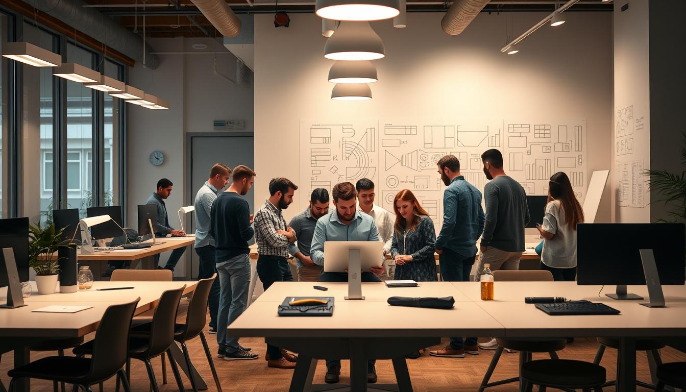 A bustling helium group buy scene, showcasing a sleek, modern co-working space. Soft, diffused lighting illuminates the room, casting a warm glow on the workstations. In the foreground, a group of entrepreneurs huddle around a laptop, discussing strategies for their Helium10 project. The middle ground features a mix of standing desks and comfortable chairs, creating a collaborative atmosphere. In the background, a large whiteboard displays intricate diagrams and plans, hinting at the technical nature of the endeavor. The overall mood is one of focus, innovation, and camaraderie, perfectly encapsulating the "step-by-step" process of joining a Helium10 group buy. Helium group buy