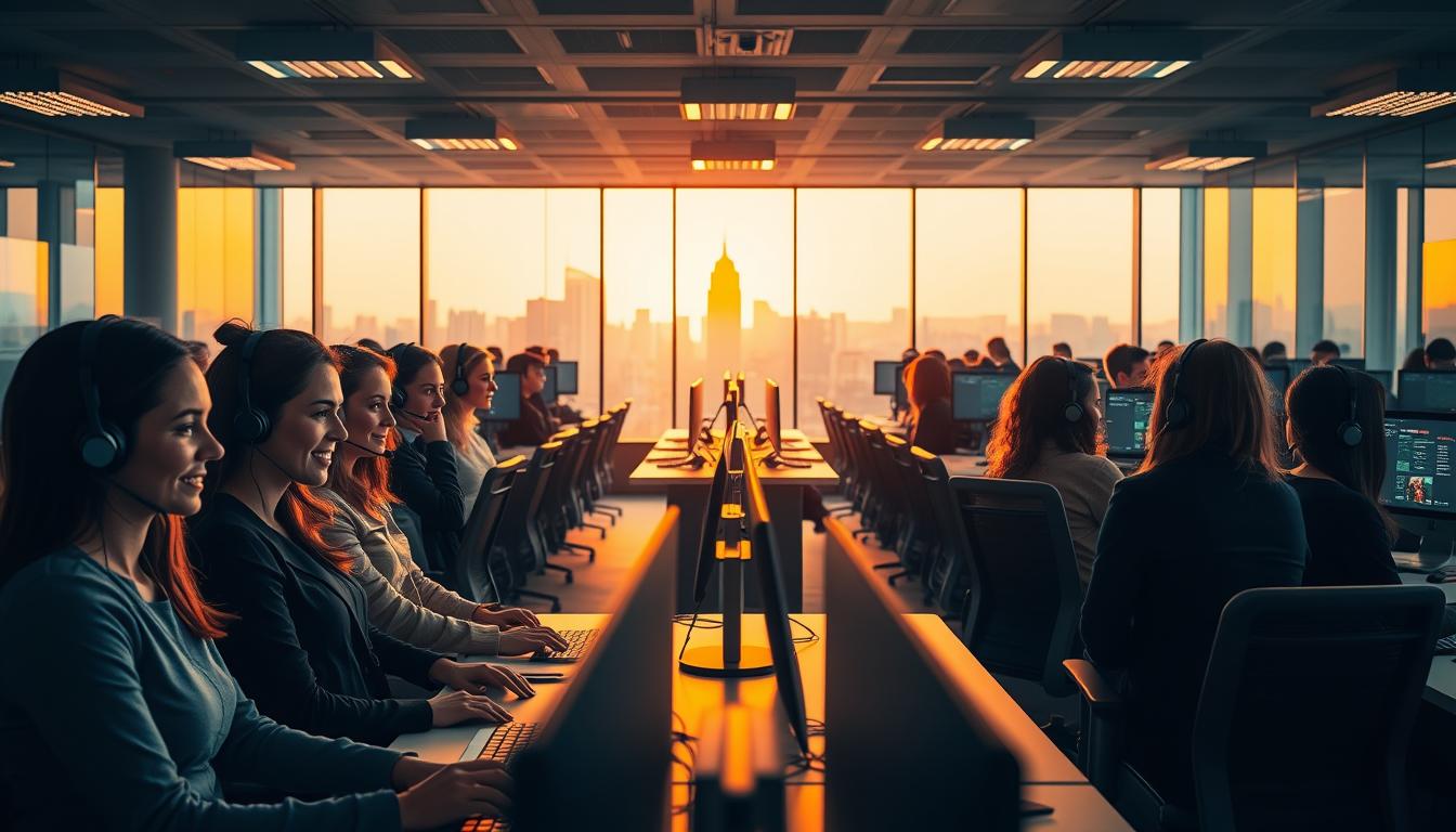A bustling live chat support center, bathed in warm, amber lighting. In the foreground, a team of friendly, attentive agents, their headsets and computer screens reflecting the modern, sleek design of the workspace. The middle ground features a panoramic view of the open-plan office, with rows of desks and ergonomic chairs, creating a sense of productivity and efficiency. In the background, a backdrop of floor-to-ceiling windows offers a picturesque cityscape, conveying a professional, high-quality service. The overall atmosphere is one of reliability, responsiveness, and a commitment to customer satisfaction.