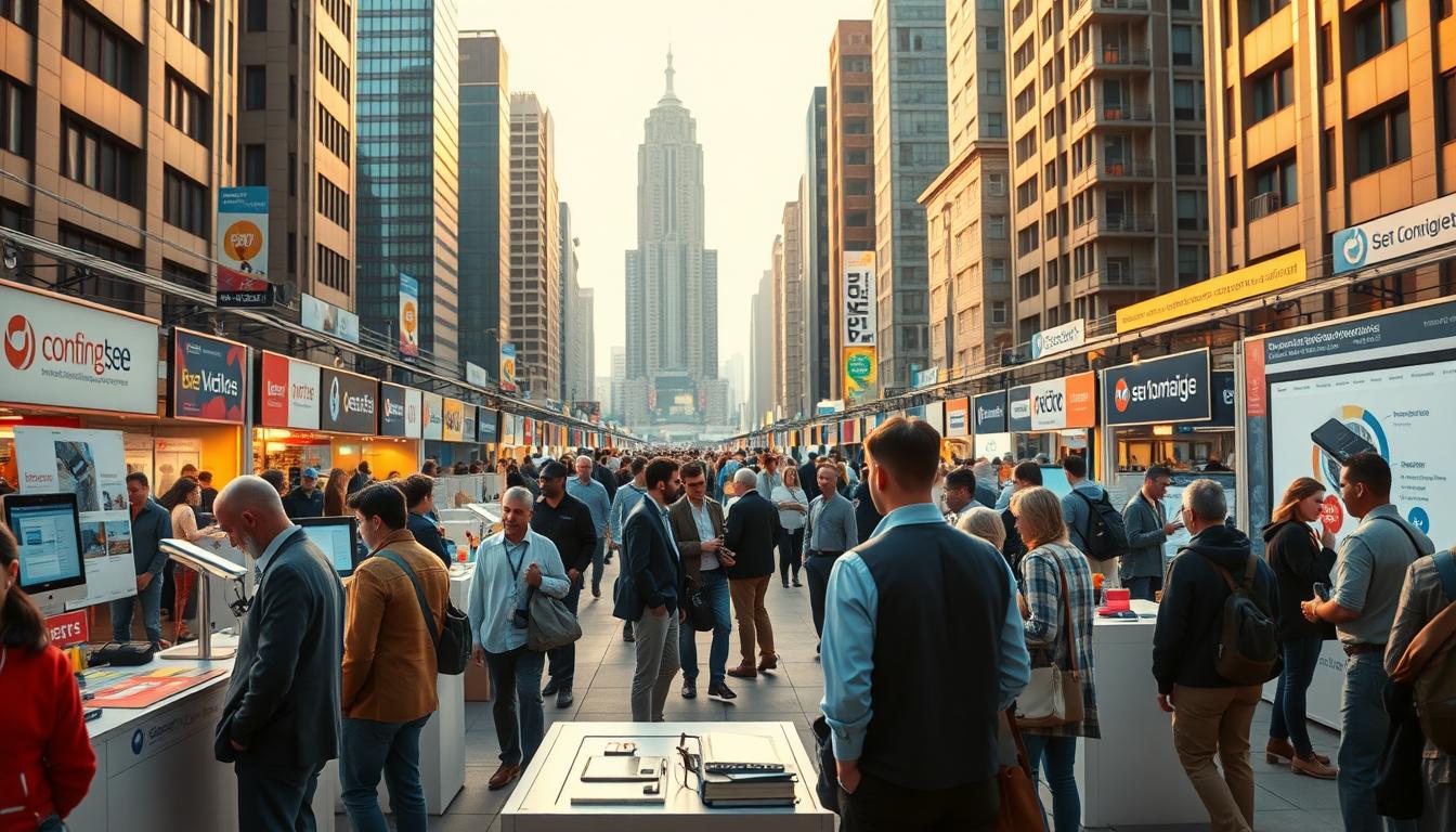 A bustling market square showcases the latest group buy SEO tools, their sleek designs and cutting-edge features on display. In the foreground, industry experts examine the tools, discussing their impact on search engine optimization strategies. In the middle ground, small business owners engage in lively negotiations, securing bulk discounts. The background is filled with towering buildings, reflecting the growth and dynamism of the group buy SEO tools market. Warm, golden lighting casts an air of opportunity and innovation, while the composition emphasizes the collaborative nature of this evolving landscape.