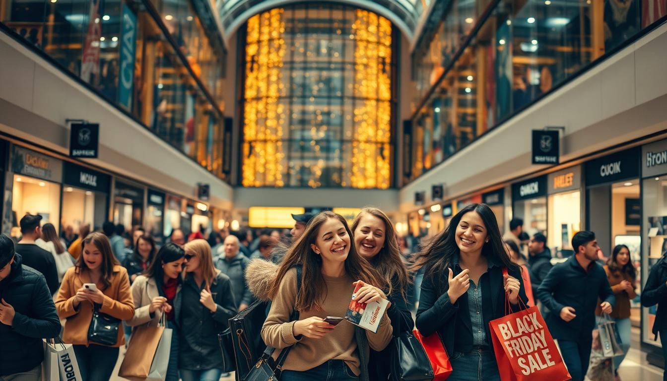 A bustling shopping mall on Black Friday, with crowds of eager shoppers rushing through the aisles, their arms laden with bags and packages. In the foreground, a group of friends excitedly compare their latest finds, their faces aglow with the thrill of the hunt. The middle ground is a blur of activity, as shoppers dart in and out of stores, hunting for the best deals. In the background, the towering glass atrium of the mall is bathed in a warm, golden light, creating a sense of energy and excitement. The scene is captured with a wide-angle lens, creating a sense of depth and immersion, and the lighting is a mix of natural and artificial, casting dramatic shadows and highlights across the scene. Black Friday shopping
