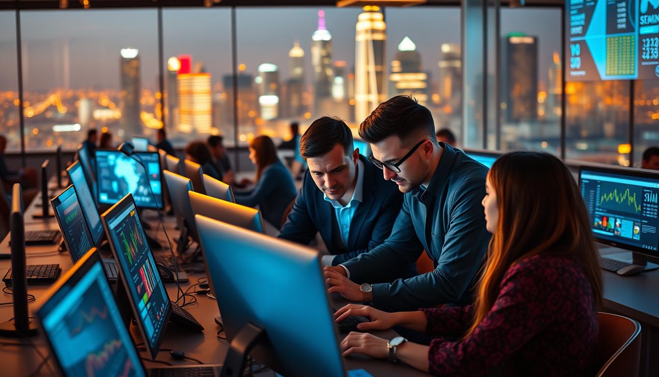 A bustling tech hub, with rows of sleek laptops and vibrant screens displaying intricate data visualizations. In the foreground, a team of digital marketing professionals collaborates intently, discussing strategies and analyzing metrics. Warm, directional lighting casts a focused glow, accentuating the determination and expertise on their faces. In the background, a towering city skyline provides a captivating backdrop, hinting at the scale and significance of their group buy SEO efforts. The scene conveys a sense of diligence, innovation, and the pursuit of online dominance.