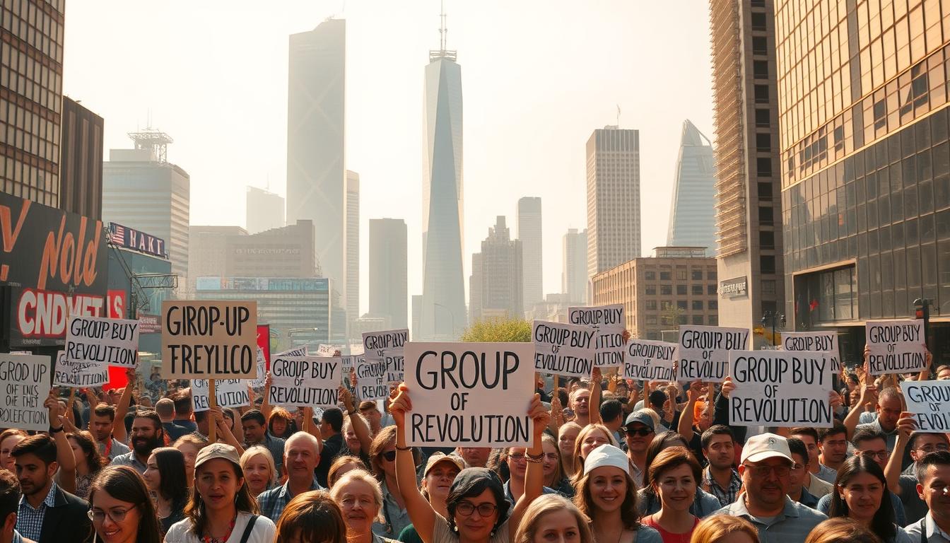 A bustling urban setting, illuminated by a warm, golden glow. In the foreground, a diverse group of people gather, their faces alight with enthusiasm and determination. They hold up signs and banners, their slogans proclaiming a "Group Buy Revolution" - a collective movement aimed at disrupting traditional market dynamics. In the middle ground, towering skyscrapers and modern architecture lend a sense of progress and technological advancement. The background is hazy, suggesting a city skyline shrouded in a sense of change and possibility. The overall atmosphere is one of energy, unity, and a desire for a new, more collaborative economic landscape.