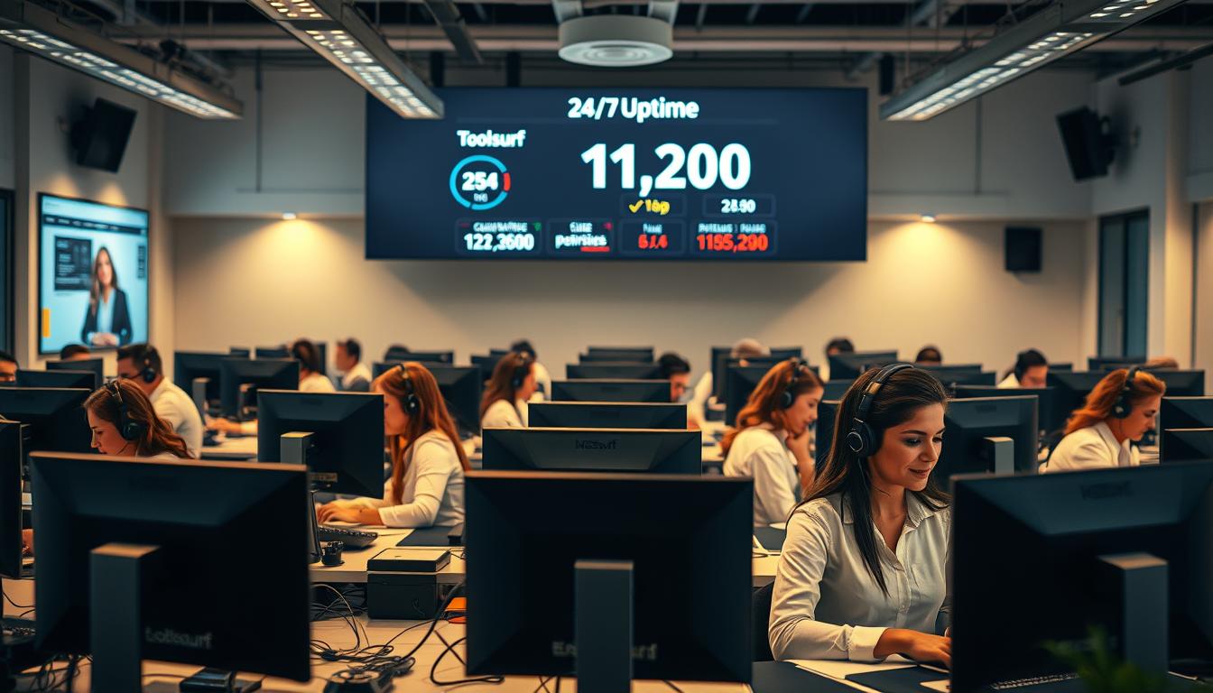 A busy 24/7 customer support center, with multiple agents handling calls and inquiries at their workstations. The room is brightly lit, with warm, focused lighting highlighting the agents' faces and the sleek, modern equipment they use. In the background, a large display board shows the current uptime statistics, reassuring customers of the platform's reliability. The atmosphere conveys a sense of efficiency, attentiveness, and a commitment to providing exceptional service, reflecting the article's focus on Toolsurf's superior customer support and platform performance.