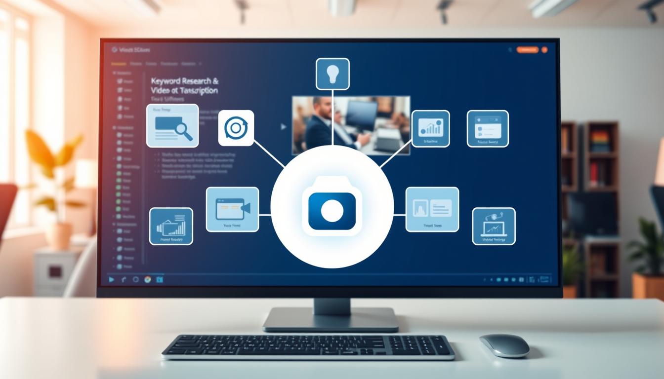 A busy digital workspace with a central display showcasing various video SEO tools. In the foreground, a stylized camera icon represents video content optimization software. The middle ground features miniature windows and icons depicting keyword research, video transcription, and analytical dashboards. The background is a clean, minimalist office environment with warm lighting and a sense of focus and productivity. The overall scene conveys the transformative power of specialized video SEO tools in the world of digital marketing.